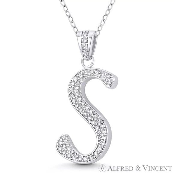 Initial Letter "S" Cursive Script CZ Crystal Pendant in .925 Sterling Silver - Picture 1 of 1